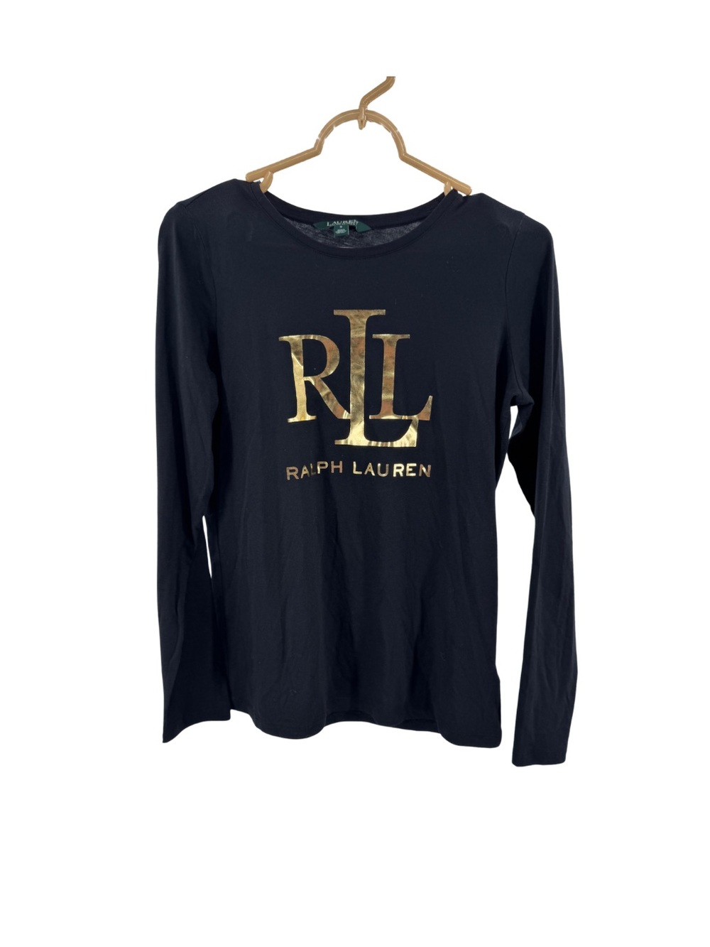 Ralph Lauren Black Long-Sleeve Tee Gold RL Logo S  casual layering lightweight